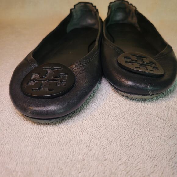Tory Burch Black Leather Logo Toe Slip On Minnie Ballet Flats Women's Size 9M - Picture 6 of 7